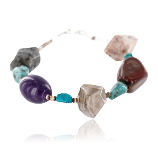 Certified Authentic Navajo .925 Sterling Silver Natural Turquoise, Jasper and Agate Native American Bracelet 371000092097