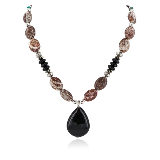 Certified Authentic Navajo .925 Sterling Silver Natural Turquoise Jasper Black Onyx Native American Necklace  750199-5