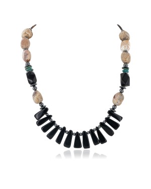 Certified Authentic Navajo .925 Sterling Silver Natural Turquoise Jasper Hematite Black Onyx Native American Necklace 16091-6