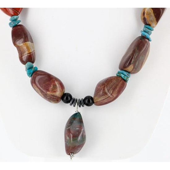 Certified Authentic Navajo .925 Sterling Silver Natural Turquoise Jasper Native American Necklace 15762-1