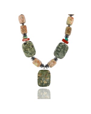 Certified Authentic Navajo .925 Sterling Silver Natural Turquoise Jasper Native American Necklace 750122-5
