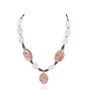 Certified Authentic Navajo .925 Sterling Silver Natural Turquoise Jasper Pink Quartz Hematite Native American Necklace 16091-2