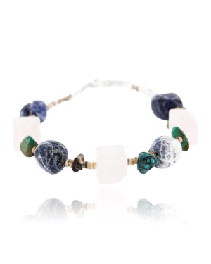 Certified Authentic Navajo .925 Sterling Silver Natural Turquoise Lapis Agate Native American Bracelet 371001562045