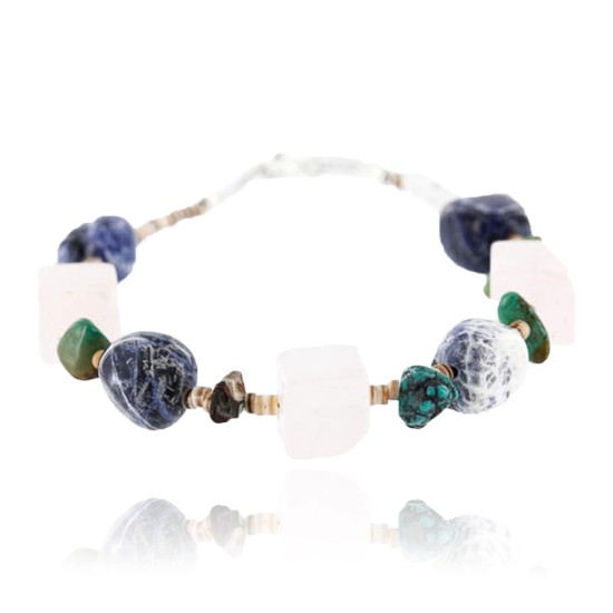 Certified Authentic Navajo .925 Sterling Silver Natural Turquoise Lapis Agate Native American Bracelet 371001562045