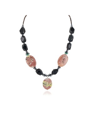 Certified Authentic Navajo .925 Sterling Silver Natural Turquoise Pink Jasper Black Onyx Hematite Native American Necklace 16092-2