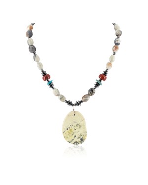 Certified Authentic Navajo .925 Sterling Silver Natural Turquoise Red Jasper Agate Hematite Native American Necklace 750133-4
