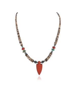 Certified Authentic Navajo .925 Sterling Silver Natural Turquoise Red Jasper Graduated Melon Shell Native American Necklace 16096