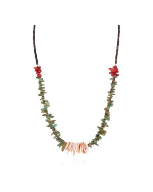 Certified Authentic Navajo .925 Sterling Silver Natural Turquoise, Spiny Oyster and Coral Native American Necklace 25341-1
