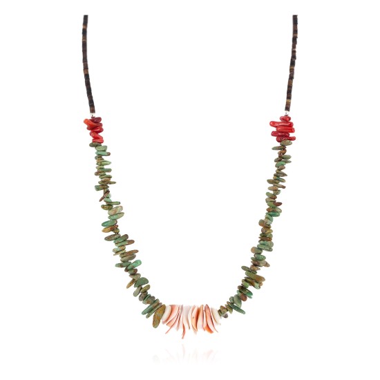 Certified Authentic Navajo .925 Sterling Silver Natural Turquoise, Spiny Oyster and Coral Native American Necklace 25341-1