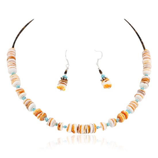 Certified Authentic Navajo .925 Sterling Silver Natural Turquoise Spiny Oyster Set Native American Necklace and Earrings 16038-18084