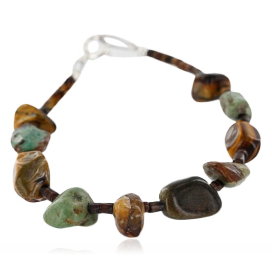 Certified Authentic Navajo .925 Sterling Silver Natural Turquoise, Tigers Eye and Jasper Native American Bracelet 370992993565