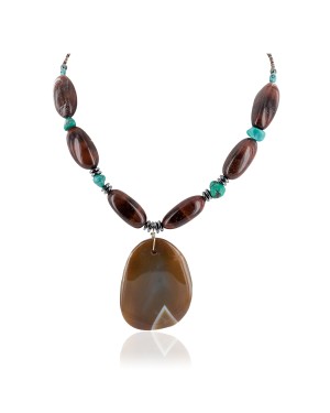 Certified Authentic Navajo .925 Sterling Silver Natural Turquoise Tigers Eye Hematite Agate Native American Necklace 15800-33
