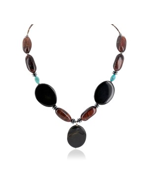 Certified Authentic Navajo .925 Sterling Silver Natural Turquoise Tigers Eye Hematite Black Onyx Native American Necklace 750121-5