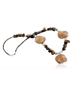 Certified Authentic Navajo .925 Sterling Silver Natural Turquoise Tigers Eye Jasper Native American Necklace 15824-9