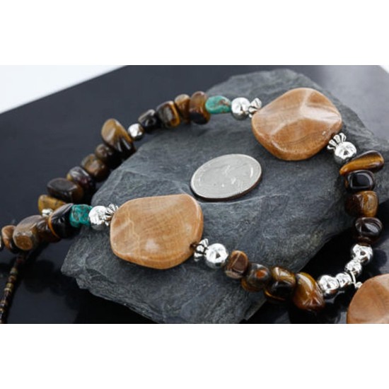 Certified Authentic Navajo .925 Sterling Silver Natural Turquoise Tigers Eye Jasper Native American Necklace 15824-9