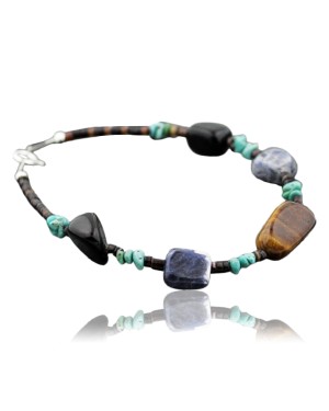 Certified Authentic Navajo .925 Sterling Silver Natural Turquoise Tigers Eye Native American Bracelet 390733455014