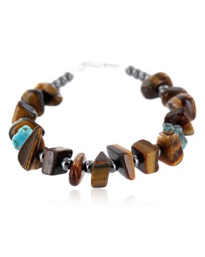 Certified Authentic Navajo .925 Sterling Silver Natural Turquoise Tigers Eye Native American Bracelet 390755381003