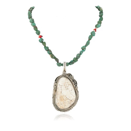 Certified Authentic Navajo .925 Sterling Silver Natural White Buffalo Turquoise Coral Native American Necklace  24458-16065-4