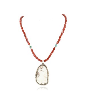 Certified Authentic Navajo .925 Sterling Silver Natural White Buffalo Turquoise Red Jasper Native American Necklace 24458-16037-1