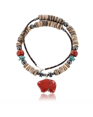 Certified Authentic Navajo .925 Sterling Silver Spiny Oyster, Red Jasper and Turquoise Native American Necklace 15624-1