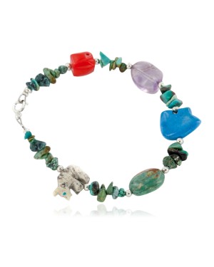 Certified Authentic Navajo .925 Sterling Silver Turquoise Amethyst Jasper Coral Native American Bracelet 12979-4