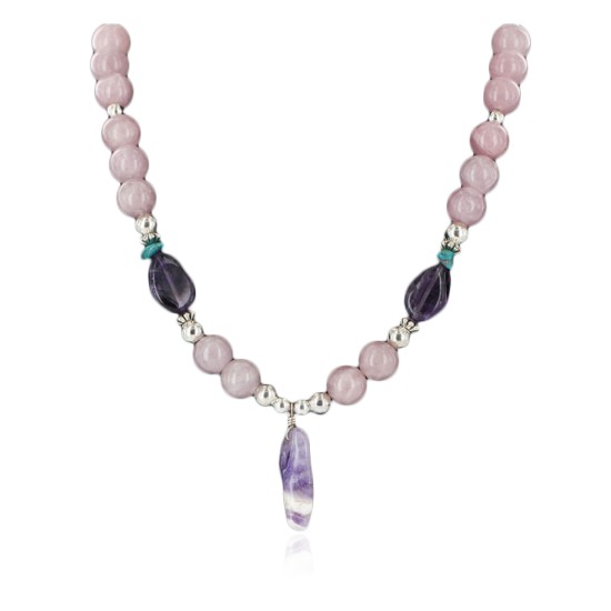 Certified Authentic Navajo .925 Sterling Silver Turquoise Amythyst Pink Agate Native American Necklace 16000