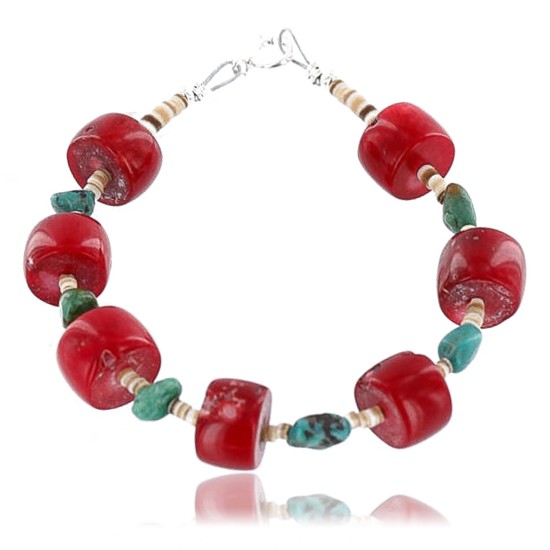 Certified Authentic Navajo .925 Sterling Silver Turquoise and Coral Native American Bracelet 12589-1