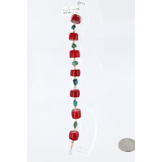 Certified Authentic Navajo .925 Sterling Silver Turquoise and Coral Native American Bracelet 12589-1