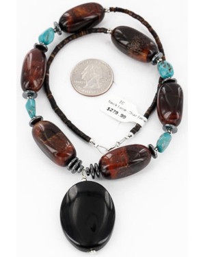Certified Authentic Navajo .925 Sterling Silver Turquoise RED TIGERS EYE Native American Necklace 390802463635