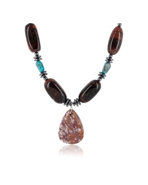 Certified Authentic Navajo .925 Sterling Silver Turquoise RED TIGERS EYE Native American Necklace 750121-4