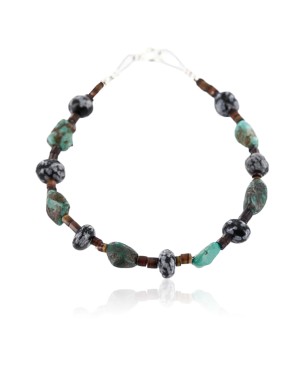 Certified Authentic Navajo .925 Sterling Silver Turquoise SNOWFLAKE OBSIDIAN Native American Bracelet 390781673981