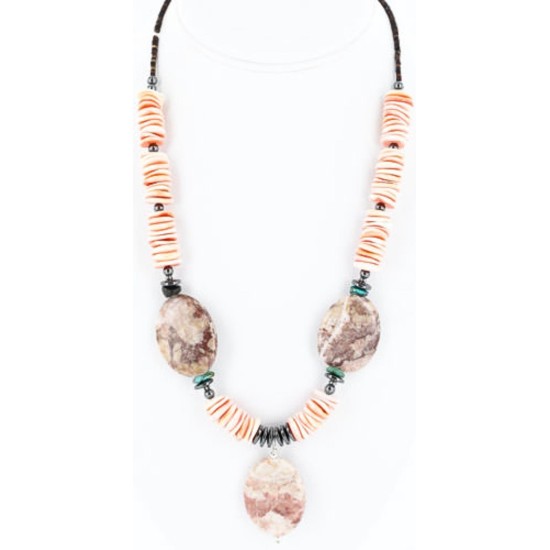Certified Authentic Navajo .925 Sterling Silver Turquoise Spiny Oyster Jasper Native American Large Necklace 750117-1