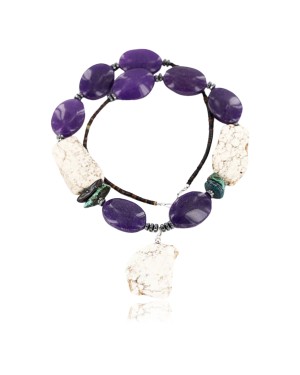 Certified Authentic Navajo .925 Sterling Silver WHITE Turquoise Turquoise, PURPLE AGATE Native American Necklace 15860-4