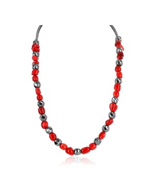 Certified Authentic Navajo .925n Sterling Silver HEMATITE and CORAL Neckalce Native American Necklace 25214-103