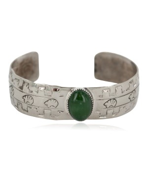 Certified Authentic Navajo Bear Handmade Navajo Natural Jade Native American Nickel Bracelet 13141-7