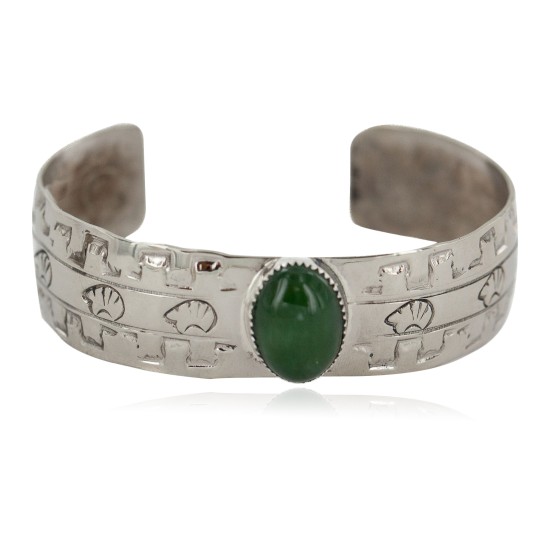 Certified Authentic Navajo Bear Handmade Navajo Natural Jade Native American Nickel Bracelet 13141-7
