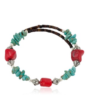 Certified Authentic Navajo Coral Natural Turquoise Heishi Adjustable Wrap Native American Bracelet 12742-75