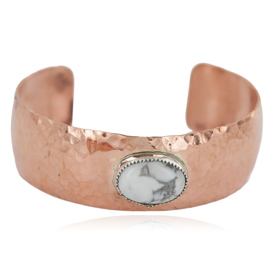 Certified Authentic Navajo Handmade Hammered Navajo White Howlite Native American Pure Copper Bracelet 13142-2
