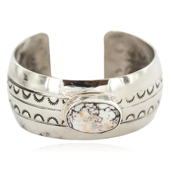 Certified Authentic Navajo Handmade Natural White Buffalo Native American Nickel Bracelet 13137-1