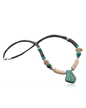 Certified Authentic Navajo Native .925 Sterling Silver Graduated Heishi, Turquoise and Carnelian Native American Necklace 391169568190