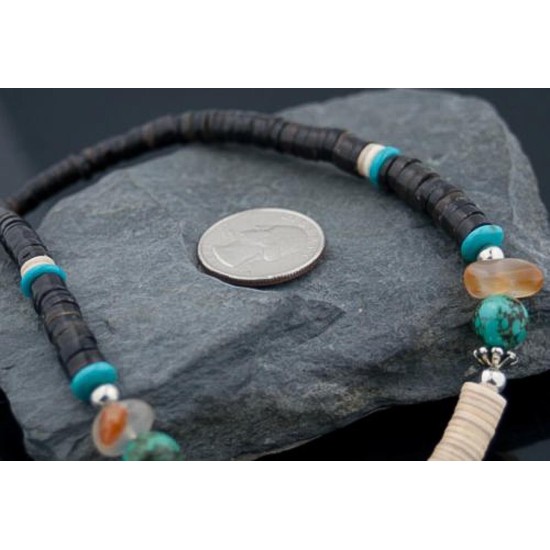 Certified Authentic Navajo Native .925 Sterling Silver Graduated Heishi, Turquoise and Carnelian Native American Necklace 391169568190
