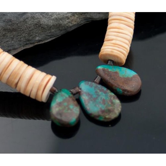 Certified Authentic Navajo Native .925 Sterling Silver Graduated Melon Shell and Turquoise DROP Native American Necklace 390591394132