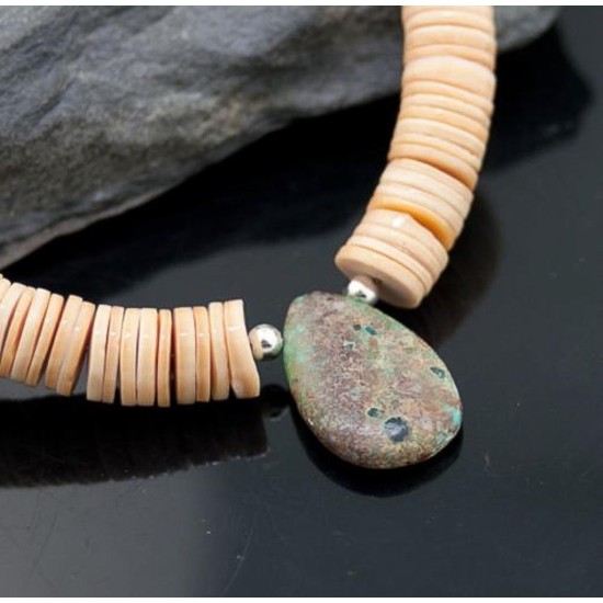 Certified Authentic Navajo Native .925 Sterling Silver Graduated Melon Shell and Turquoise DROP Native American Necklace 390611867862