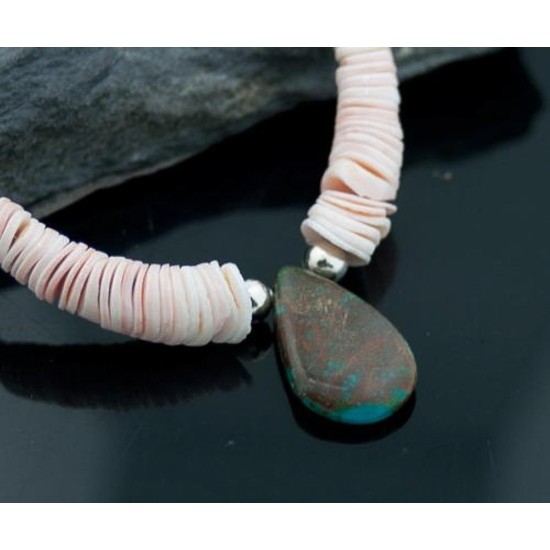 Certified Authentic Navajo Native .925 Sterling Silver Graduated Melon Shell and Turquoise DROP Native American Necklace 7501008-41