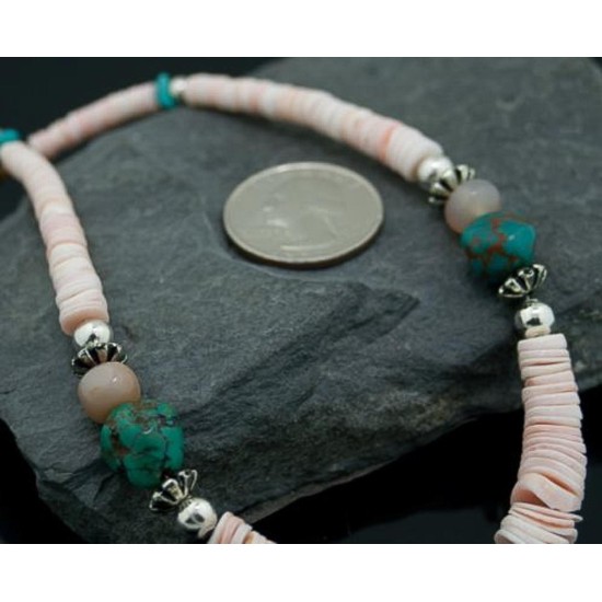 Certified Authentic Navajo Native .925 Sterling Silver Graduated Melon Shell and Turquoise DROP Native American Necklace 7501008-41
