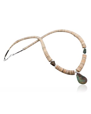 Certified Authentic Navajo Native .925 Sterling Silver Graduated Melon Shell and Turquoise DROP Native American Necklace 7501009-15
