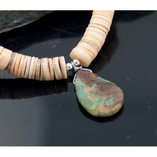 Certified Authentic Navajo Native .925 Sterling Silver Graduated Melon Shell and Turquoise DROP Native American Necklace 7501009-15