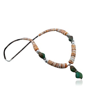 Certified Authentic Navajo Native .925 Sterling Silver Graduated Melon Shell and Turquoise Native American Necklace 390617925292