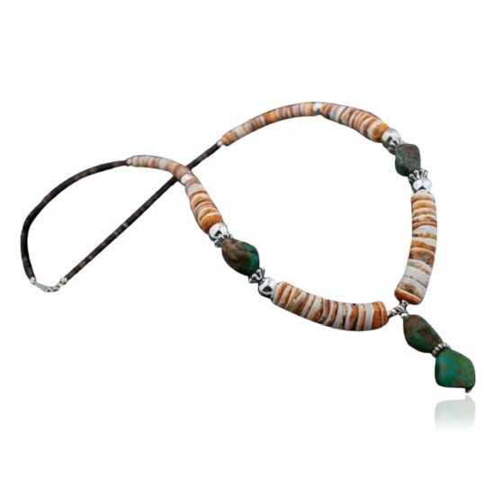 Certified Authentic Navajo Native .925 Sterling Silver Graduated Melon Shell and Turquoise Native American Necklace 390617925292