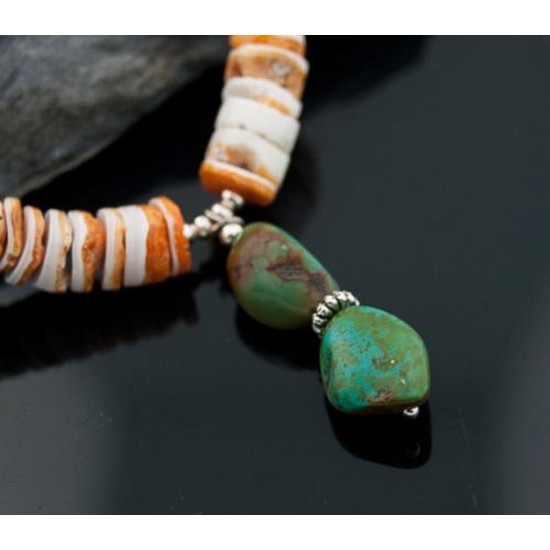 Certified Authentic Navajo Native .925 Sterling Silver Graduated Melon Shell and Turquoise Native American Necklace 390617925292